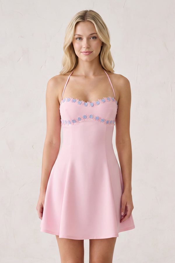 Pink Halter A-Line Embroidery Satin Short Homecoming Dress (3) | KISSPROM