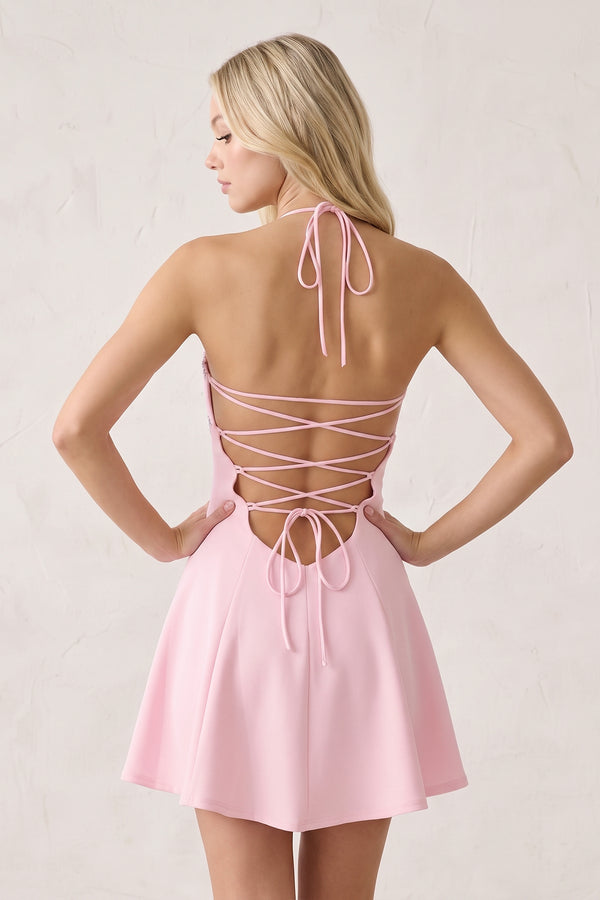 Pink Halter A-Line Embroidery Satin Short Homecoming Dress (4) | KISSPROM