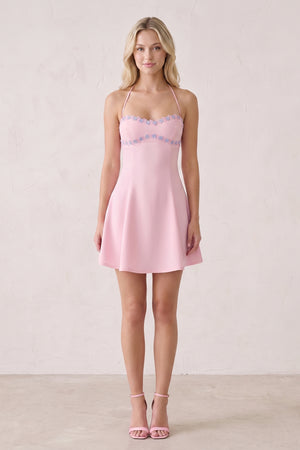 Pink Halter A-Line Embroidery Satin Short Homecoming Dress (5) | KISSPROM