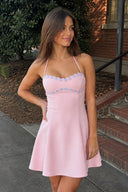 Pink Halter A-Line Embroidery Satin Short Homecoming Dress | KISSPROM