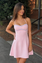 Pink Halter A-Line Embroidery Satin Short Homecoming Dress | KISSPROM