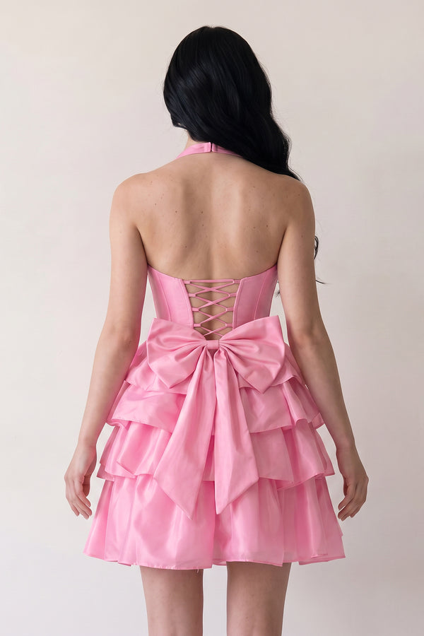 Pink Halter A Line Ruffles Satin Homecoming Dress With Bow (2) | KISSPROM
