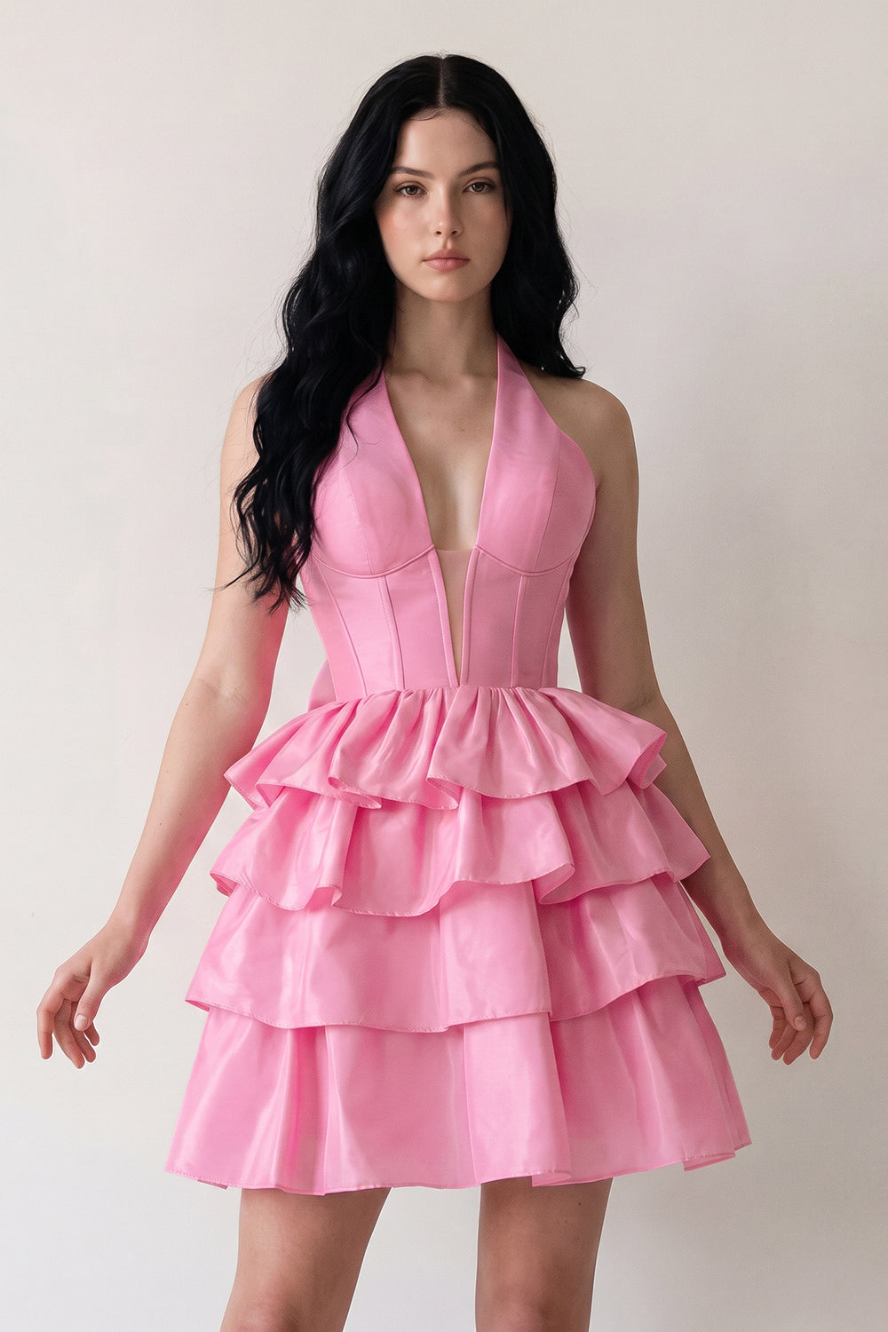 Pink Halter A Line Ruffles Satin Homecoming Dress With Bow | KISSPROM