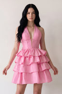 Pink Halter A Line Ruffles Satin Homecoming Dress With Bow | KISSPROM