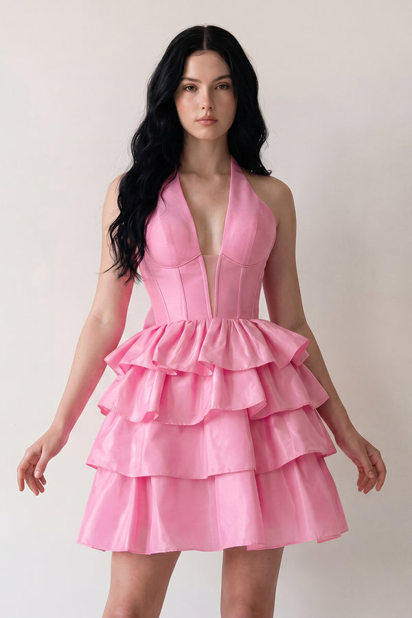 Pink Halter A Line Ruffles Satin Homecoming Dress With Bow | KISSPROM