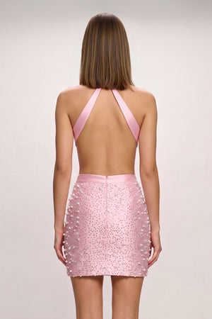 Pink Halter Cut-Out Satin Sheath Homecoming Dress with Bow and Pearl | KISSPROM