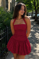 Burgundy Halter Jacquard Chiffon A-Line Homecoming Dress | KISSPROM