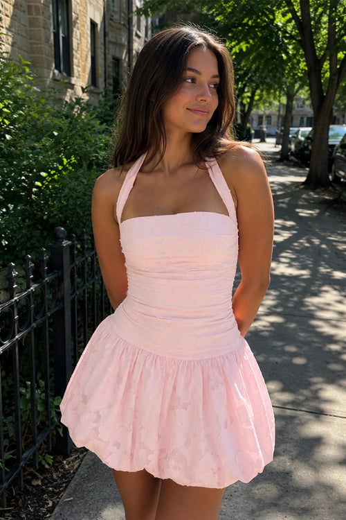 Pink Halter Jacquard Chiffon A-Line Homecoming Dress | KISSPROM