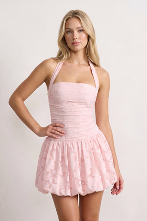 Pink Halter Jacquard Chiffon A-Line Homecoming Dress | KISSPROM