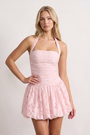 Pink Halter Jacquard Chiffon A-Line Homecoming Dress | KISSPROM