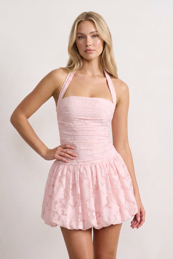 Pink Halter Jacquard Chiffon A-Line Homecoming Dress | KISSPROM
