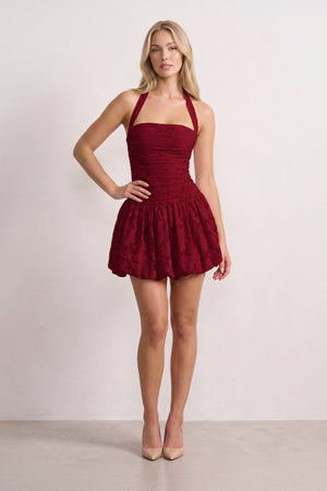 Burgundy Halter Jacquard Chiffon A-Line Homecoming Dress | KISSPROM