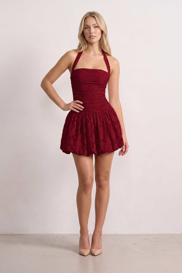 Burgundy Halter Jacquard Chiffon A-Line Homecoming Dress | KISSPROM