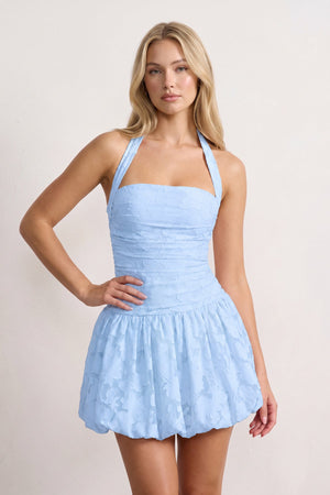 Sky Blue Halter Jacquard Chiffon A-Line Homecoming Dress | KISSPROM