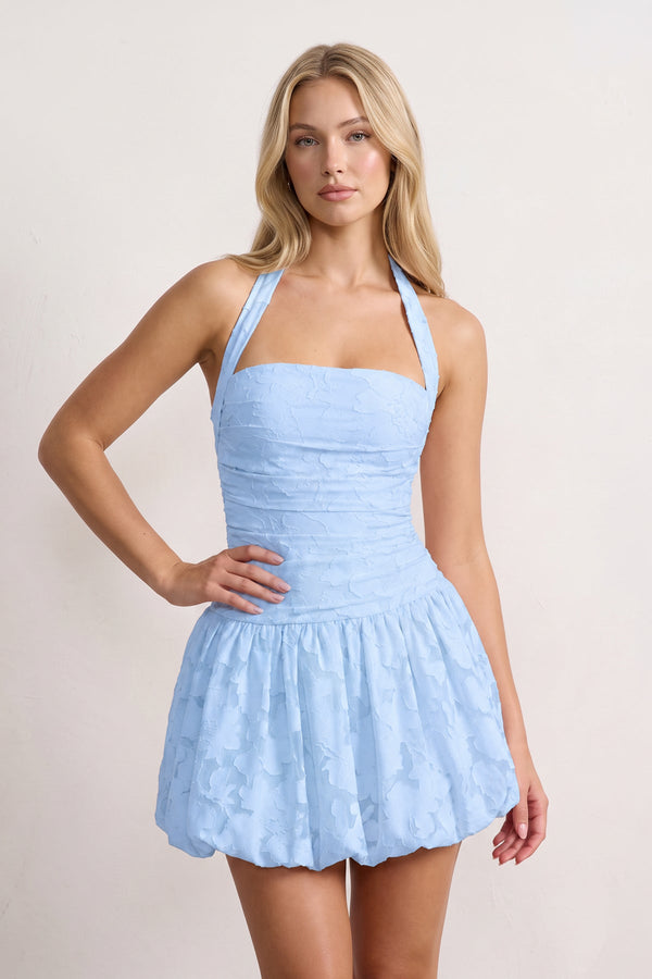 Sky Blue Halter Jacquard Chiffon A-Line Homecoming Dress | KISSPROM