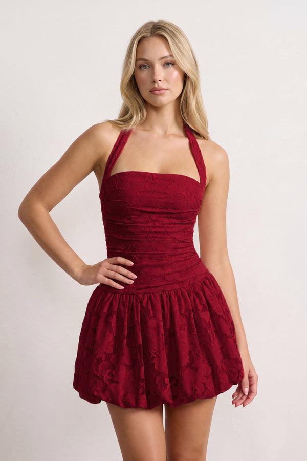 Burgundy Halter Jacquard Chiffon A-Line Homecoming Dress | KISSPROM