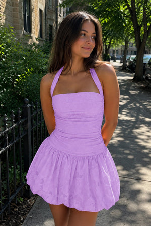 Lilac Halter Jacquard Chiffon A-Line Homecoming Dress | KISSPROM