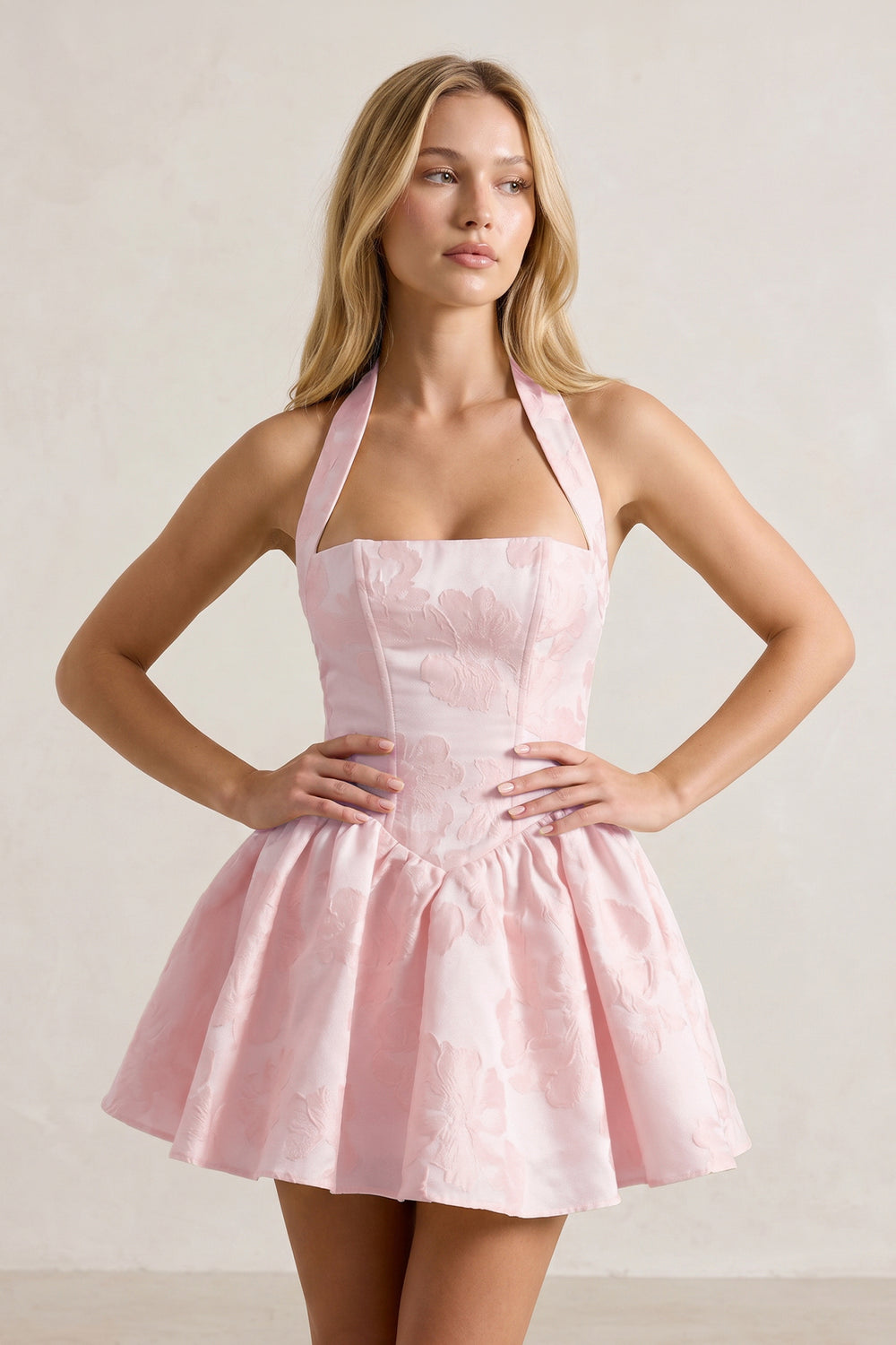 Pink Halter Jacquard Ruched A-Line Homecoming Dress - KissProm