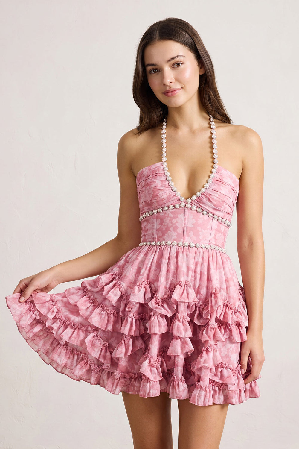 Pink Halter Pearl Floral Printed Chiffon A-Line Ruffled Homecoming Dress | KISSPROM