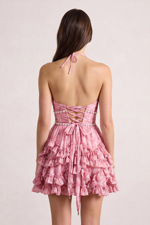 Pink Halter Pearl Floral Printed Chiffon A-Line Ruffled Homecoming Dress (2) | KISSPROM
