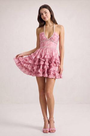 Pink Halter Pearl Floral Printed Chiffon A-Line Ruffled Homecoming Dress (3) | KISSPROM