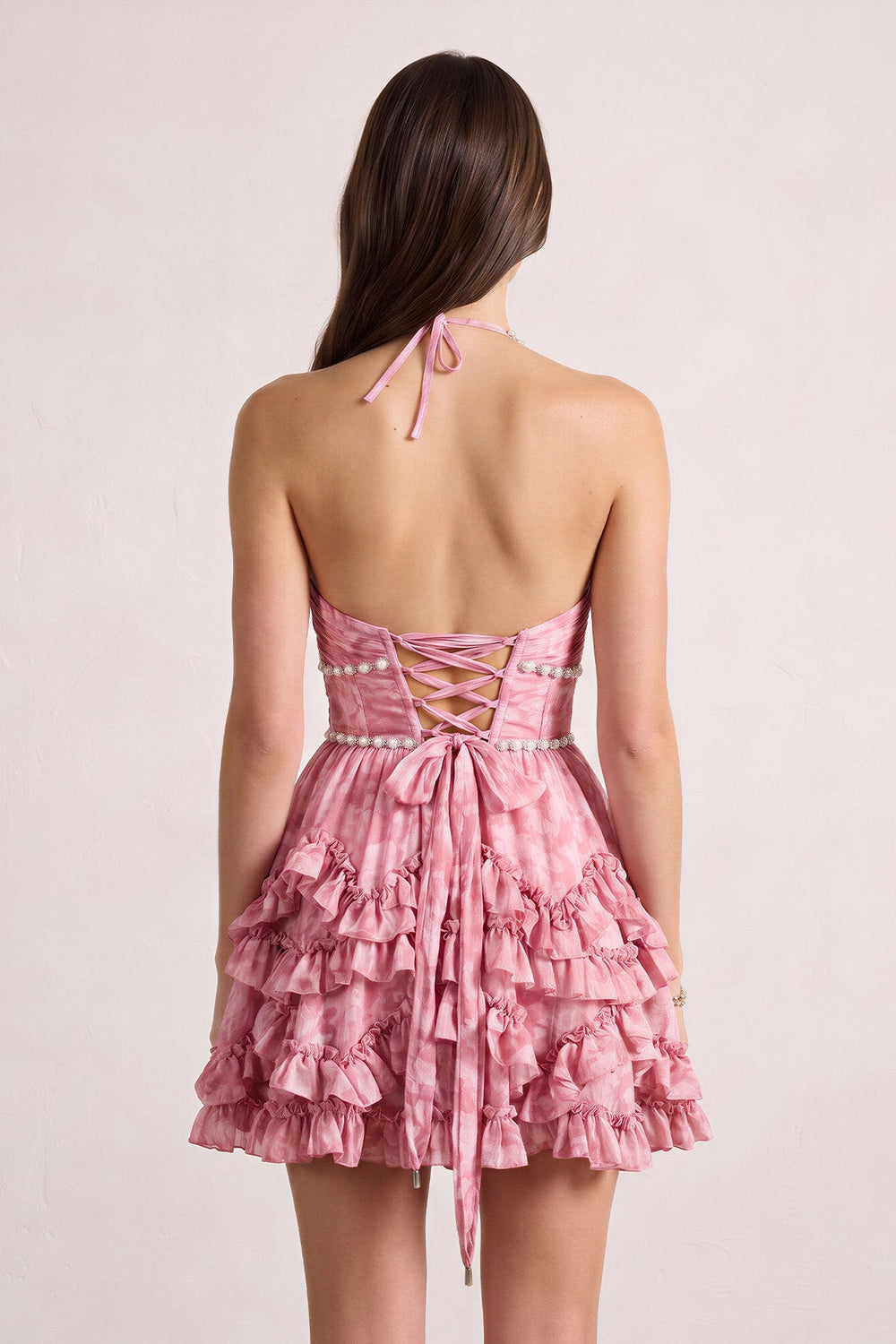 Pink Halter Pearl Floral Printed Chiffon A-Line Ruffled Homecoming Dress | KISSPROM