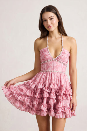 Pink Halter Pearl Floral Printed Chiffon A-Line Ruffled Homecoming Dress | KISSPROM