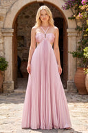 Pink Halter Pleated Satin A Line Prom Dresses With Cutout | KISSPROM