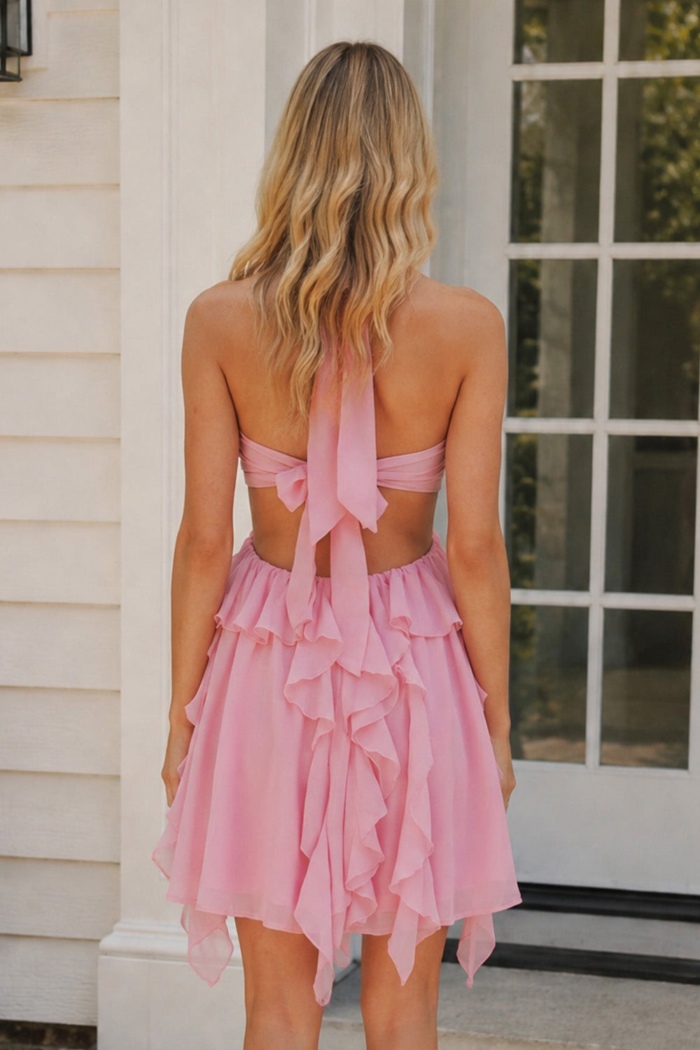 Pink Halter Ruffled A-Line Cut-Out Chiffon Homecoming Dress with 3D Flower - KissProm