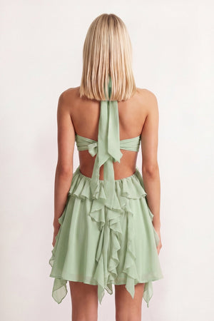 Green Halter Ruffled A-Line Cut-Out Chiffon Homecoming Dress with 3D Flower | KISSPROM
