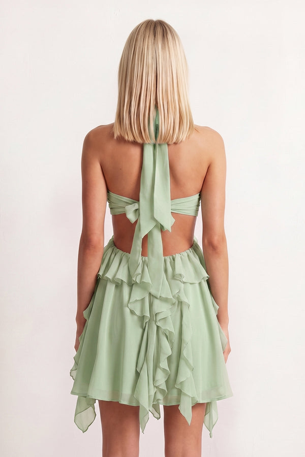 Green Halter Ruffled A-Line Cut-Out Chiffon Homecoming Dress with 3D Flower | KISSPROM