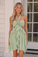 Green Halter Ruffled A-Line Cut-Out Chiffon Homecoming Dress with 3D Flower | KISSPROM