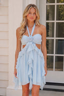 Sky Blue Halter Ruffled A-Line Cut-Out Chiffon Homecoming Dress with 3D Flower | KISSPROM