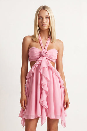 Pink Halter Ruffled A-Line Cut-Out Chiffon Homecoming Dress with 3D Flower - KissProm