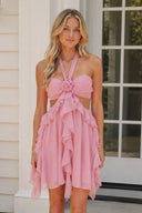 Pink Halter Ruffled A-Line Cut-Out Chiffon Homecoming Dress with 3D Flower - KissProm