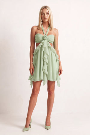 Green Halter Ruffled A-Line Cut-Out Chiffon Homecoming Dress with 3D Flower | KISSPROM