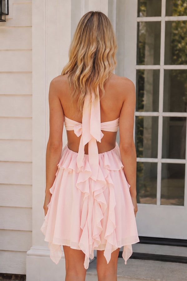 Blush Halter Ruffled A-Line Cut-Out Chiffon Homecoming Dress with 3D Flower | KISSPROM