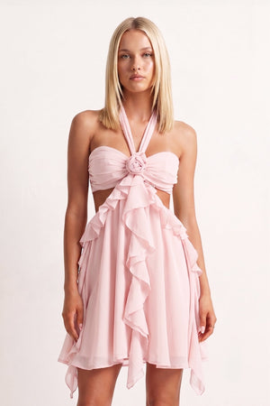 Blush Halter Ruffled A-Line Cut-Out Chiffon Homecoming Dress with 3D Flower | KISSPROM