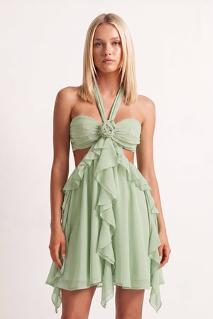 Green Halter Ruffled A-Line Cut-Out Chiffon Homecoming Dress with 3D Flower | KISSPROM