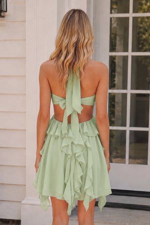 Green Halter Ruffled A-Line Cut-Out Chiffon Homecoming Dress with 3D Flower | KISSPROM