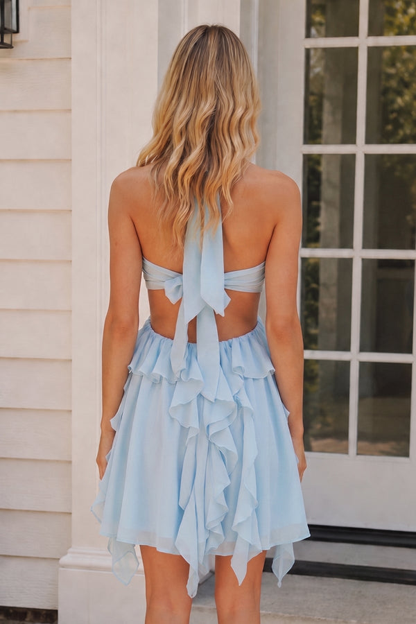 Sky Blue Halter Ruffled A-Line Cut-Out Chiffon Homecoming Dress with 3D Flower | KISSPROM