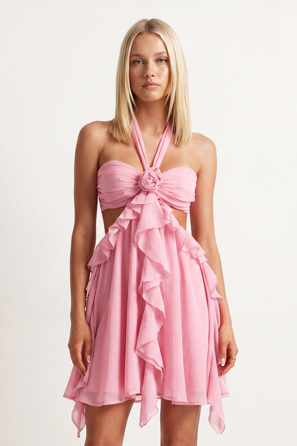 Pink Halter Ruffled A-Line Cut-Out Chiffon Homecoming Dress with 3D Flower - KissProm