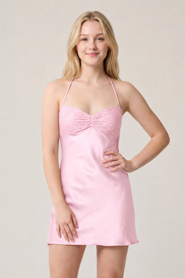 Pink Halter Satin Sheath Sequined Mini Homecoming Dress | KISSPROM