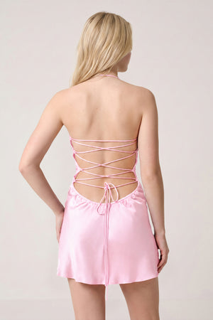 Pink Halter Satin Sheath Sequined Mini Homecoming Dress | KISSPROM