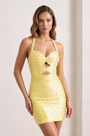 Yellow Halter Sheath Cut-Out Mini Satin Homecoming Dress With Pearl | KISSPROM