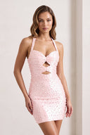 Pink Halter Sheath Cut-Out Mini Satin Homecoming Dress With Pearl | KISSPROM