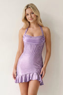Lavender Halter Sheath Satin Corset Homecoming Dress With Beading | KISSPROM