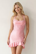 Pink Halter Sheath Satin Corset Homecoming Dress With Beaded | KISSPROM