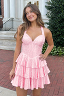 Pink Halter Tiered Satin A-Line Corset Homecoming Dress With Pearl | KISSPROM
