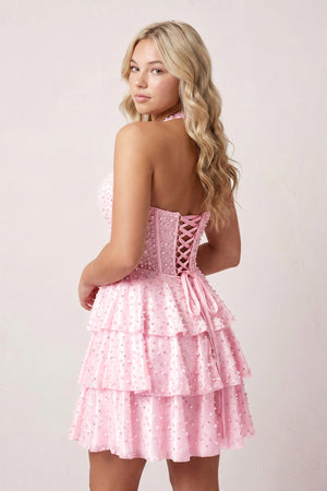 Pink Halter Tiered Satin A-Line Corset Homecoming Dress With Pearl - KISSPROM